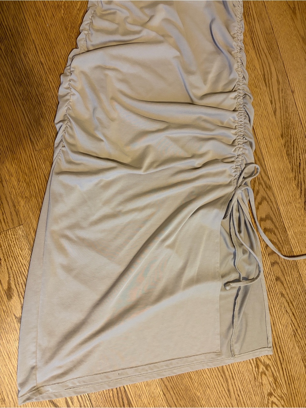 Express Light Beige Ruched Side-Tie Midi Skirt - Picture 8 of 9